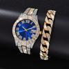 2 шт. Модные Роскошные Полностью Алмазные Стальные Часы с Календарем и Римскими Цифрами для Мужчин со Стальным Браслетом-Цепочкой с Алмазами Подарок
