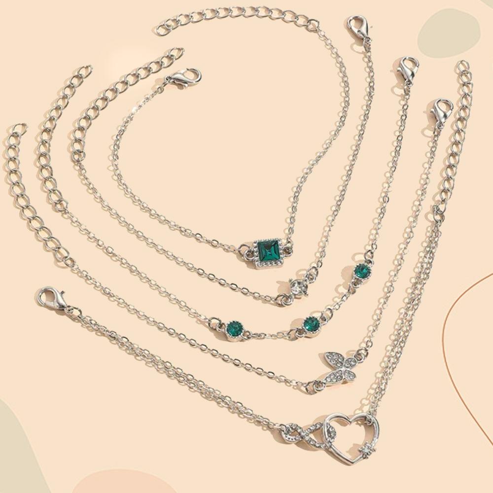 5 Piece Set Of Ladies Fashionable And Elegant Jade Sparkling Square Butterfly Heart Bracelet Wedding Birthday Zircon Gift Party