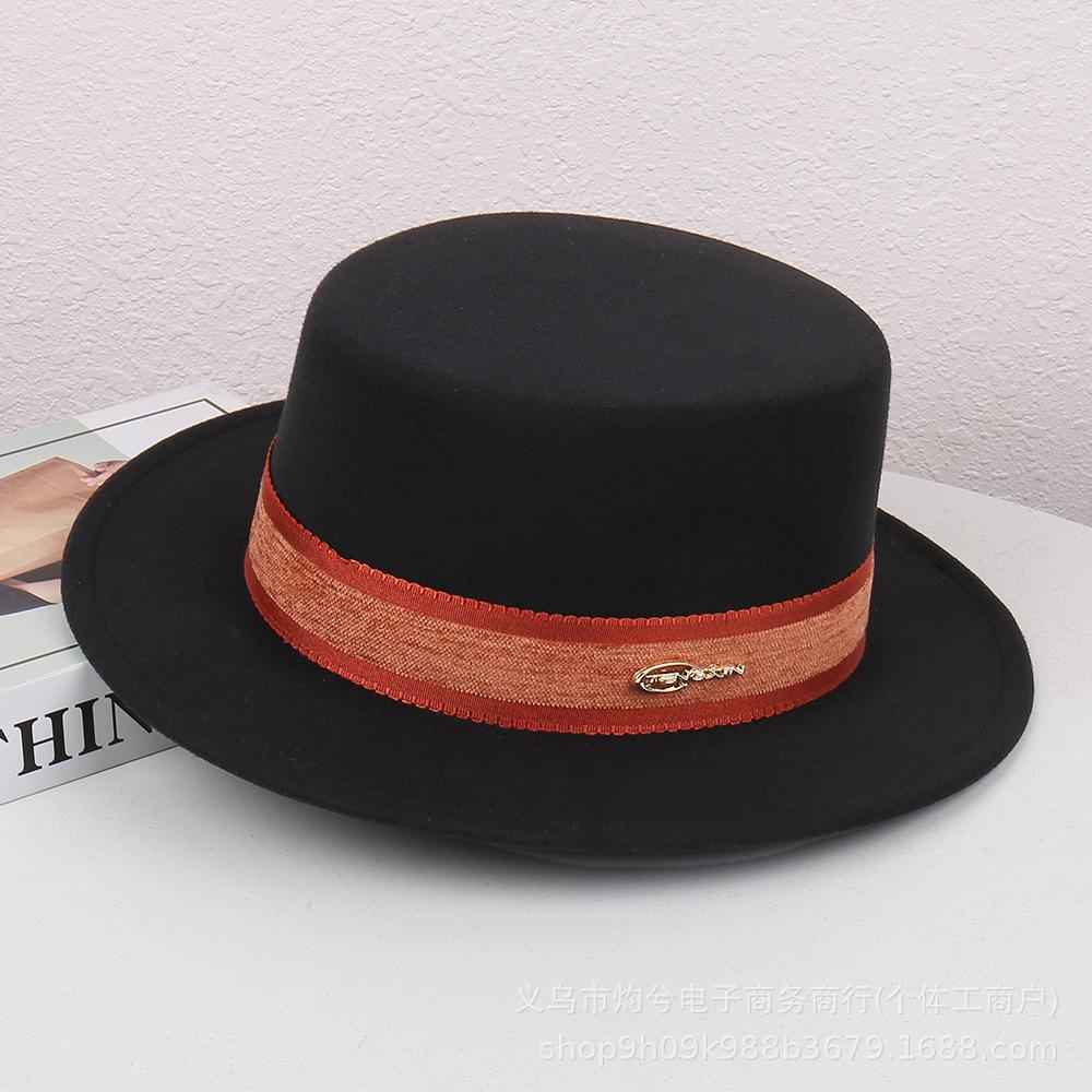 French fashion new autumn and winter versatile elegant retro flat top hat women's fashion woolen temperament personalized jazz hat