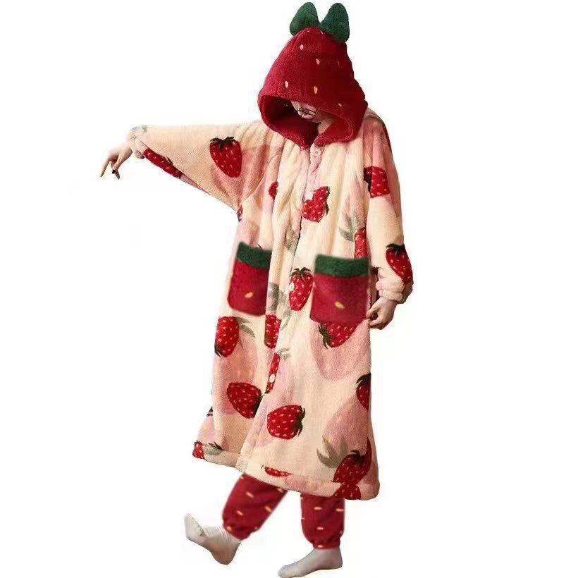 2023 Sweet Strawberry Плотный коралловый флисовый халат-комплект - Cozy Home Loungewear