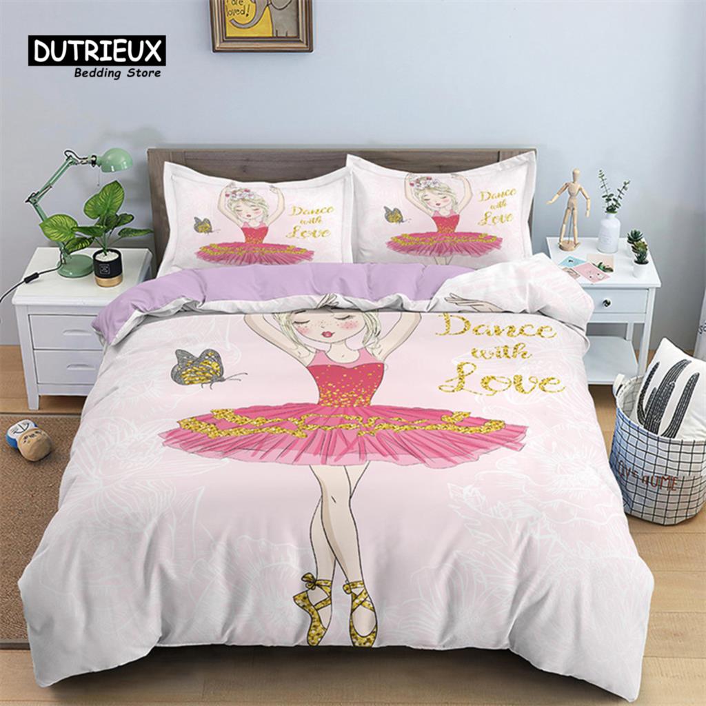 Cartoon Ballet Girl Toddler Bedding Set For Kids Teen Girls Microfiber Modern Swan Cat Unicorn Print Duvet Cover Bedroom Decor