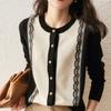 2025 Women's Spring & Autumn Korean Lace Patchwork Slim Fit Round Neck Knitted Cardigan Sweater.