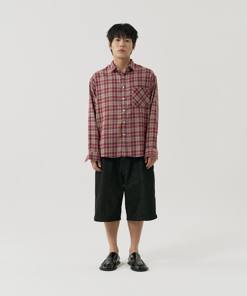 GNOK Flannel Check Pocket Long Sleeve Shirt [Burgundy]