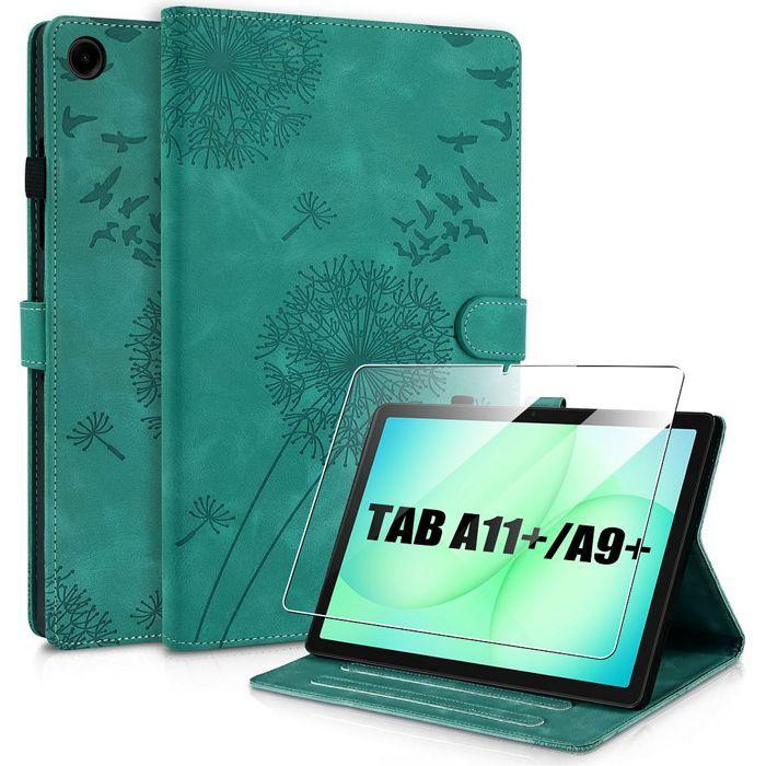 Coque + Verre Trempé pour Samsung Galaxy Tab A11 Plus / A9 Plus, Cuir PU Vert Motif Pissenlit