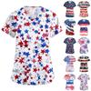 Women's Short Sleeve Independence Day Printed V-Neck Pocket Workwear Top
