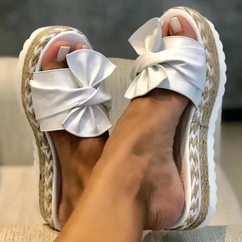 Trendy Thick Bottom Slippers 2024 Summer New Fabric Bow Decoration Simple One Line Versatile Women's Daily Slippers Platform