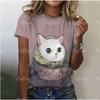 Летняя футболка с круглым вырезом и короткими рукавами с 3D-цифровым принтом для кошек. Свободные удобные футболки с круглым вырезом для женщин.