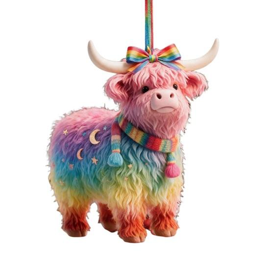 Colorful Yak Hanging Decor Highland Ornament for Christmas Tree Decor, Cute 2D Flat Decorative Charms Windowsills Acrylic Pendant with Gold