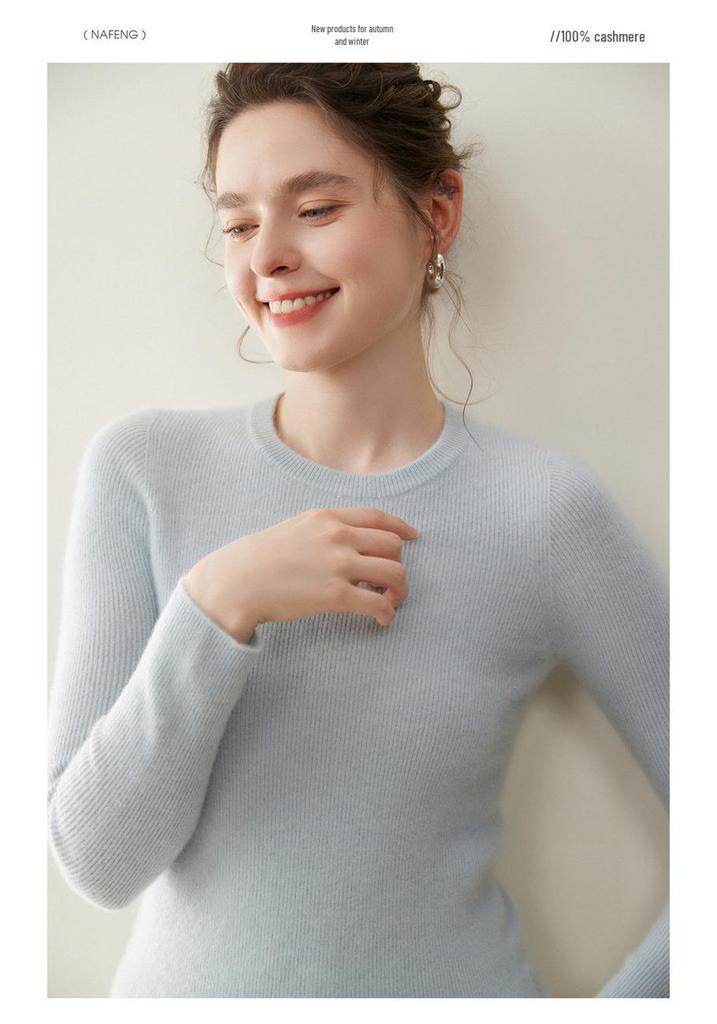 Women's 100% Pure Cashmere Slim Fit Round Neck Sweater, Seamless Knit Pullover for Autumn/Winter