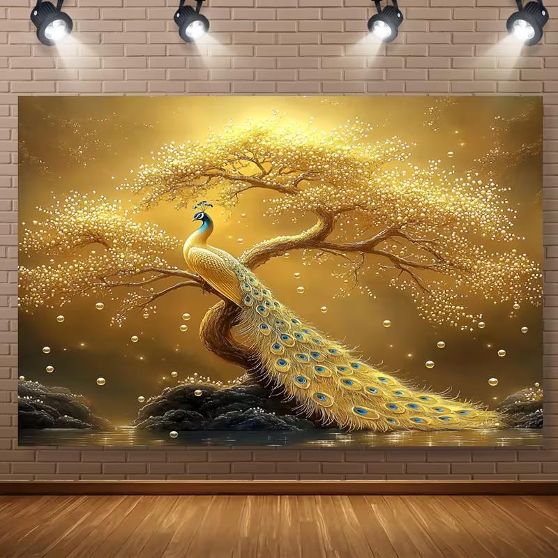 2D Elegant Gold Peacock Tapestry, Golden Bonsai Tree with Sparkling Bubbles Backdrop Cloth for Room Decor