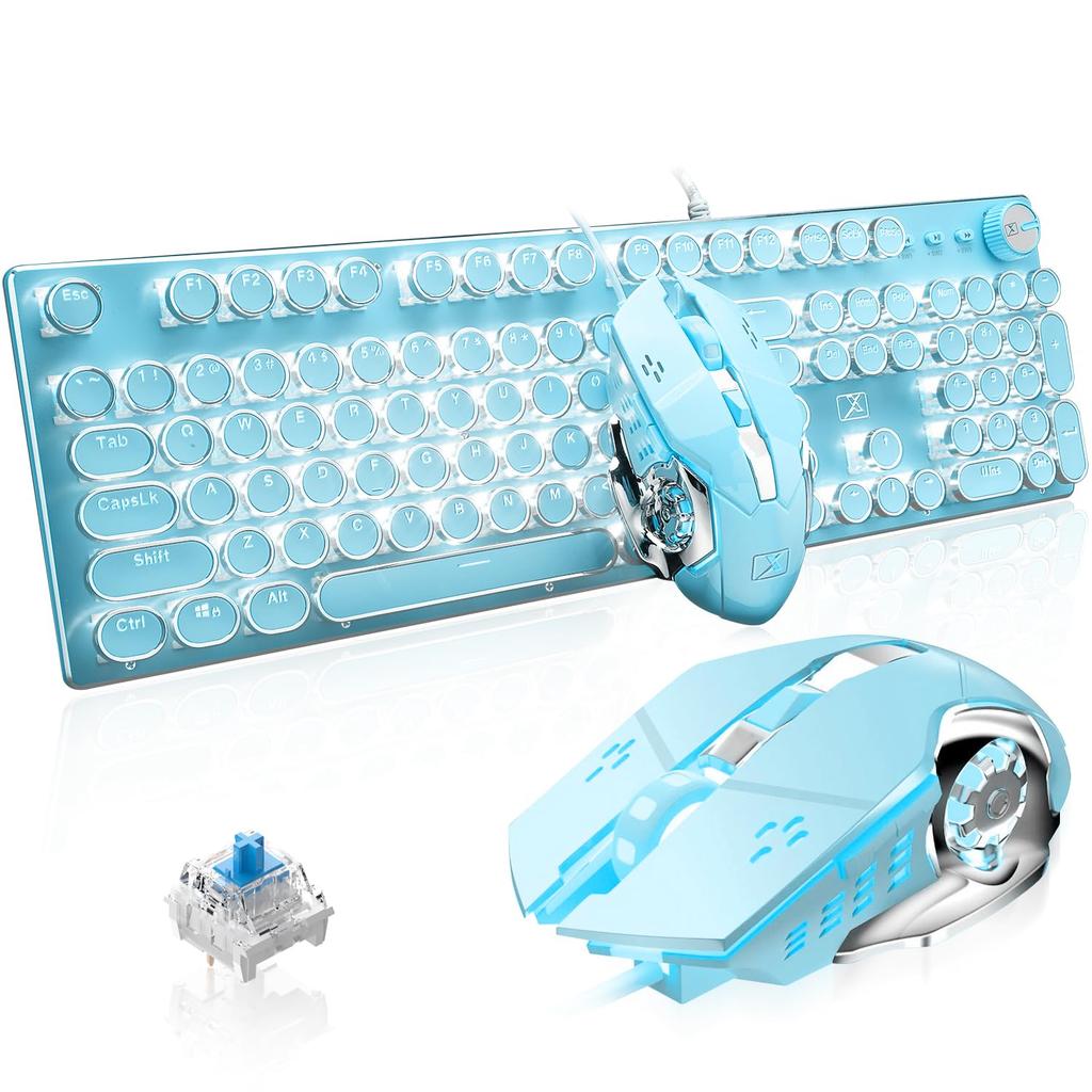ZIYOU LANG Wired Punk Keyboard Mouse Set with Mechanical Keyboard Knob Retro Round Keycap Typewriter Blue Axis 104 Keys Full Key Wired Gaming Mouse