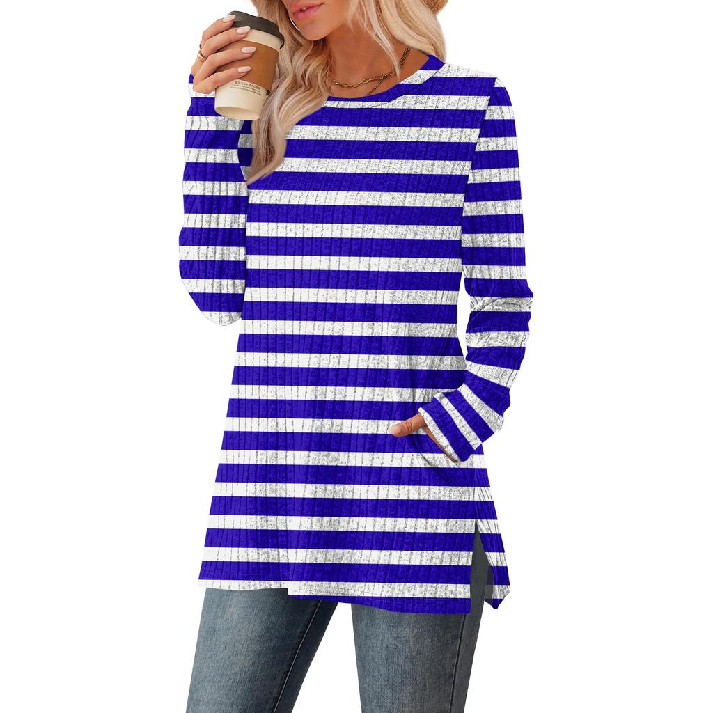 Women's Striped Printed Round-neck Long-sleeved Top With Pockets And Side Slits
