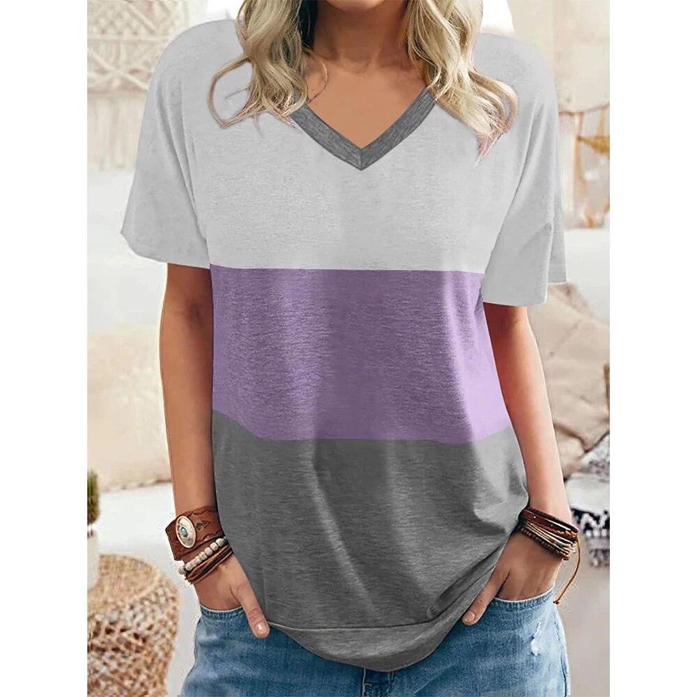 Женская футболка, простая модная футболка с v-образным вырезом и коротким рукавом в полоску, женская футболка в стиле Харадзюку, свободная одежда, женские пуловеры, топы