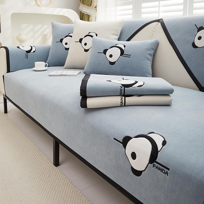 Panda Embroidery Sofa Cover for Living Room Sofa Towel Mat Non-slip Couch Cover Black Edge Sofa Towel Seat Pad Home Protection