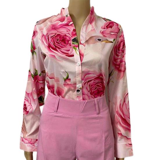 Элегантная офисная блузка для женщин, с воротником-стойкой, однобортная, с цветочным принтом, длинным рукавом, на пуговицах, для весны/лета