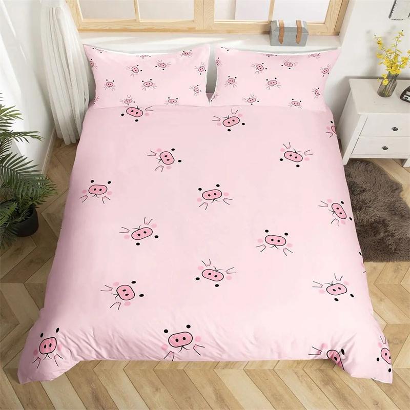 Premium Pink Pig Comforter Cover Cartoon Pig Pattern Bedding Kawaii Animal Sweetheart Floral Print Duvet Cover Children Boys Room Decor