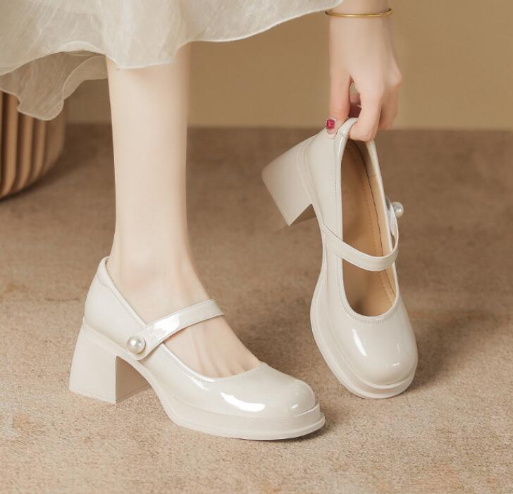 Модные элегантные женские туфли на высоком каблуке, туфли Мэри Джейн, классические туфли-лодочки, черные и белые, на толстом каблуке, женские свадебные и офисные туфли.