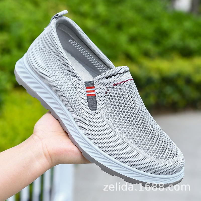 Мужская обувь лето 2024 новые сетчатые туфли тканевые мужские туфли с одной педалью тканые полые дышащие туфли для папы повседневные сетчатые туфли