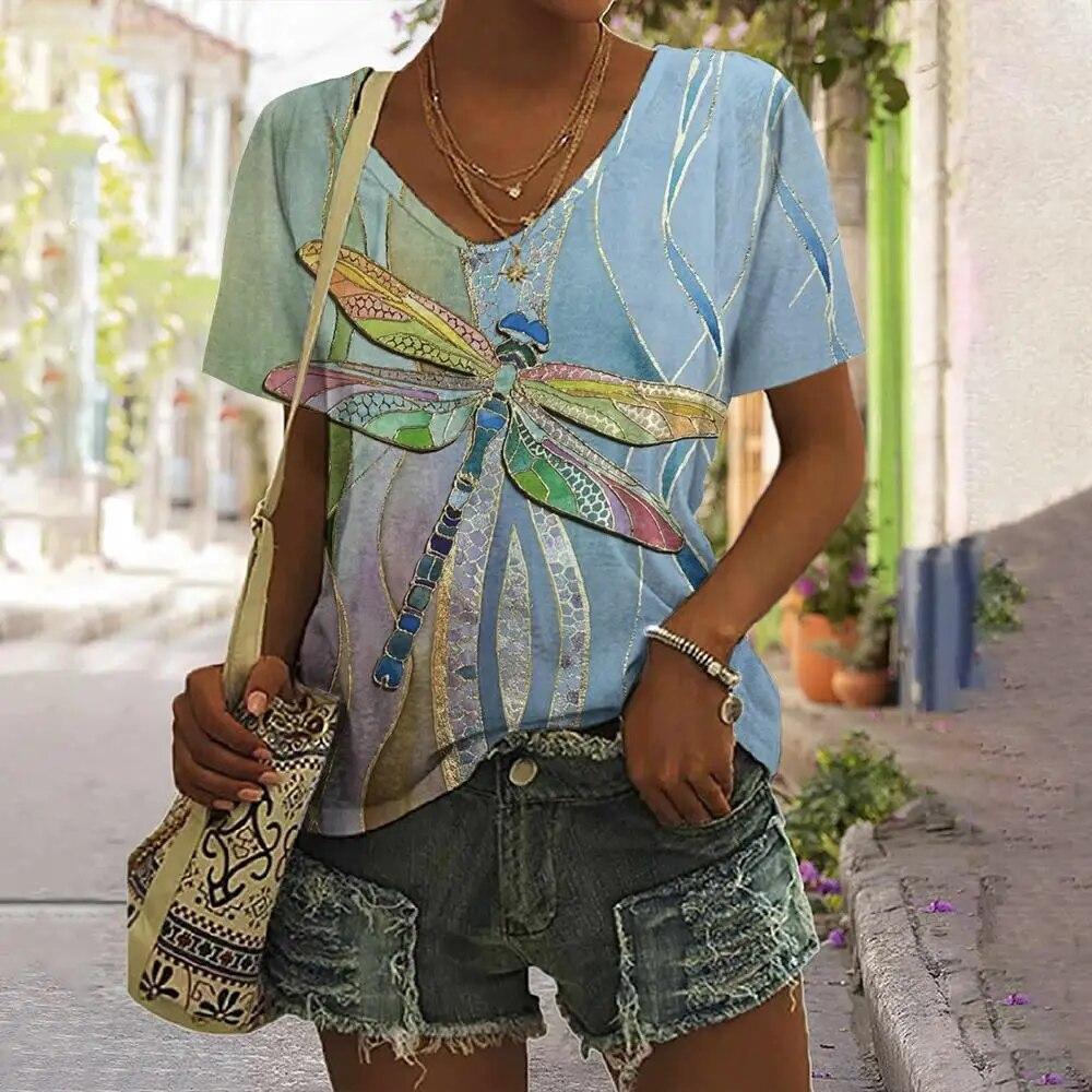 Женская футболка с принтом стрекозы, топы, одежда в стиле Харадзюку для женщин, летние повседневные футболки с v-образным вырезом и короткими рукавами, женский модный пуловер