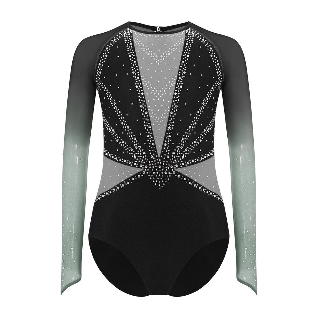 Girls Gymnastics Leotard Sheer Mesh Long Sleeve Keyhole Back Shiny Rhinestones Color Block Costume
