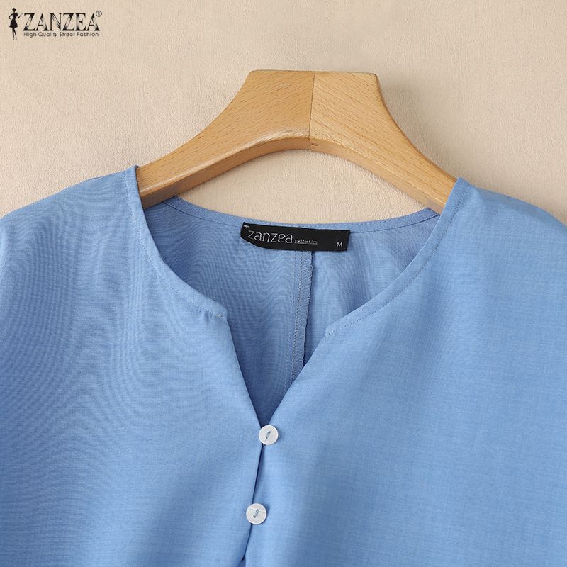 ZANZEA Женская повседневная однотонная блузка с v-образным вырезом и рукавами 3/4