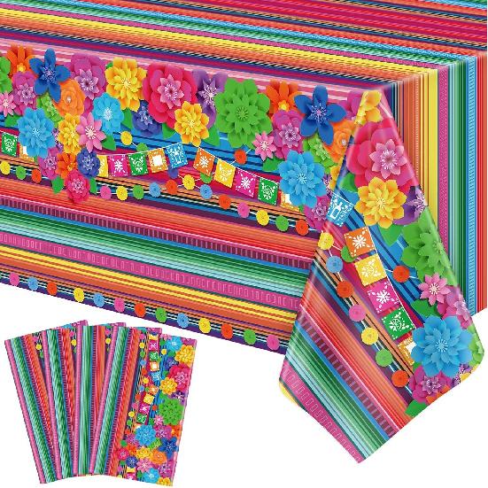 4 Pcs Mexican Fiesta Tablecloth Cinco De Mayo Plastic Table Cover Mexico Colorful Striped Paper Flower Table Cloth Mexican Holiday Theme Rectangle