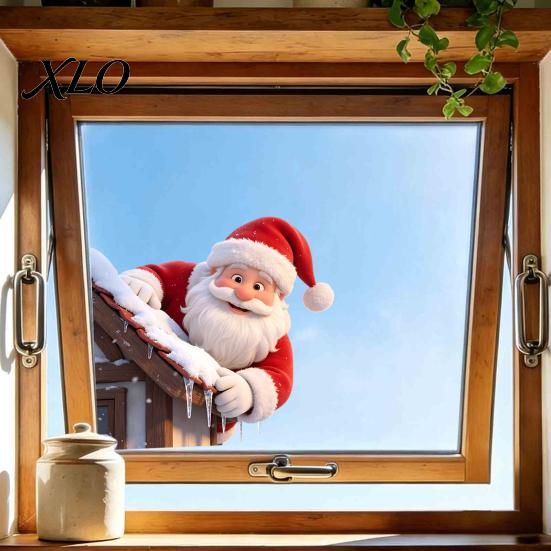 Winter Window Stickers Christmas Climbing Santa Cling, Roof Claus Static Xmas Decorative Decal, Reusable Glass Sticker for Holiday Party PVC Clings