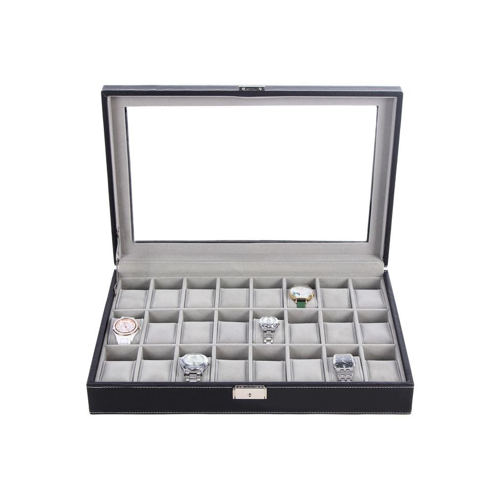 SONGMICS Watch Box, Lockable Watch Case, Watch Storage Box with 24 Slots, Glass Lid, Gift for Loved Ones, Black Synthetic Leather, Grey Lining