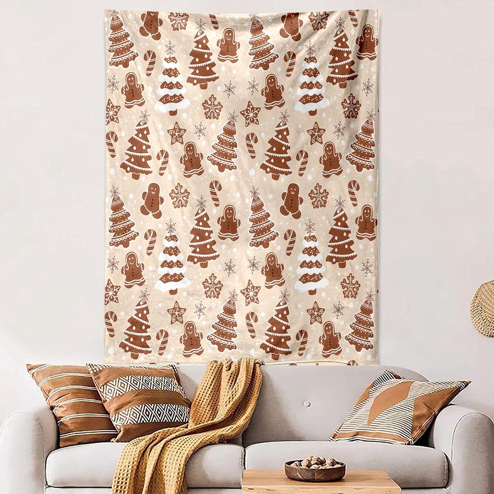 Gingerbread and Christmas Trees Pattern Patterned Tapestry Decorative Wall Hanging, Home Bedroom Living Room Decor