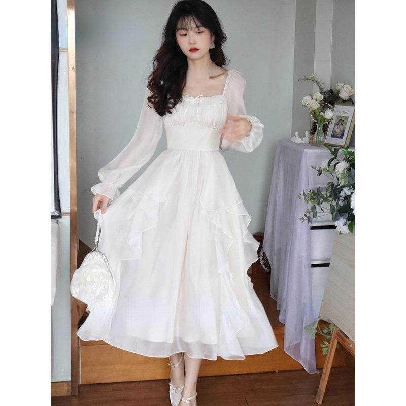 Vintage Fairy Chiffon Long Dress Women White Elegant French Party Midi Dress Puff Sleeve Casual Women's Clothing