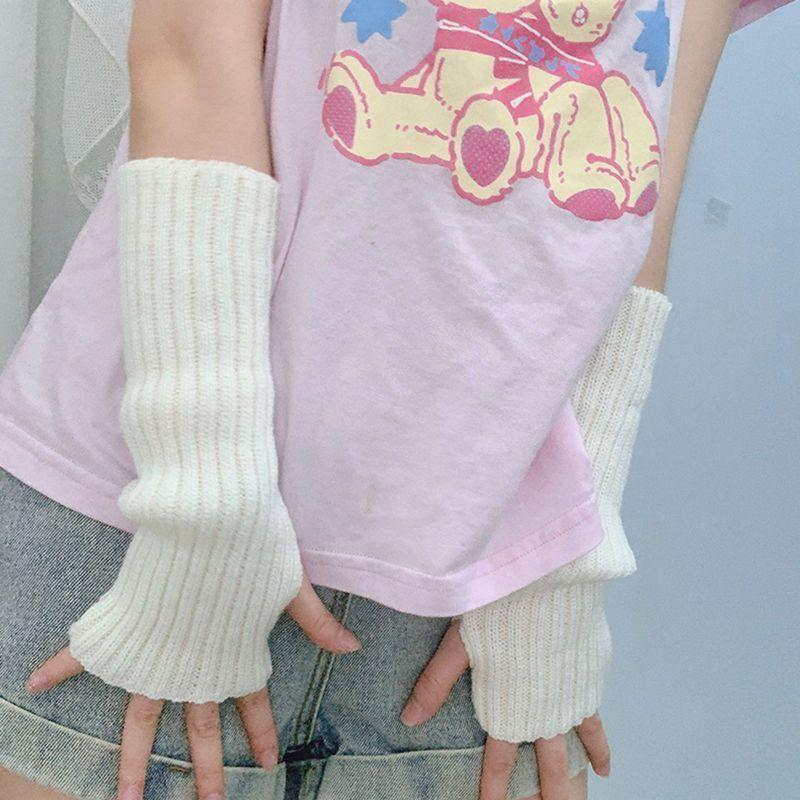 Women Long Fingerless Gloves Knitted Mittens Winter Arm Warmer Punk Gothic DIY Knitting Glove Y2K Girls Solid Gloves Arm Sleeves
