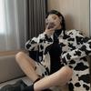 Большие размеры женские блузки с коровьим принтом Harajuku Colorblock Cartoon Button Up Shirt Свободные повседневные топы с длинным рукавом в винтажном стиле Streetwear