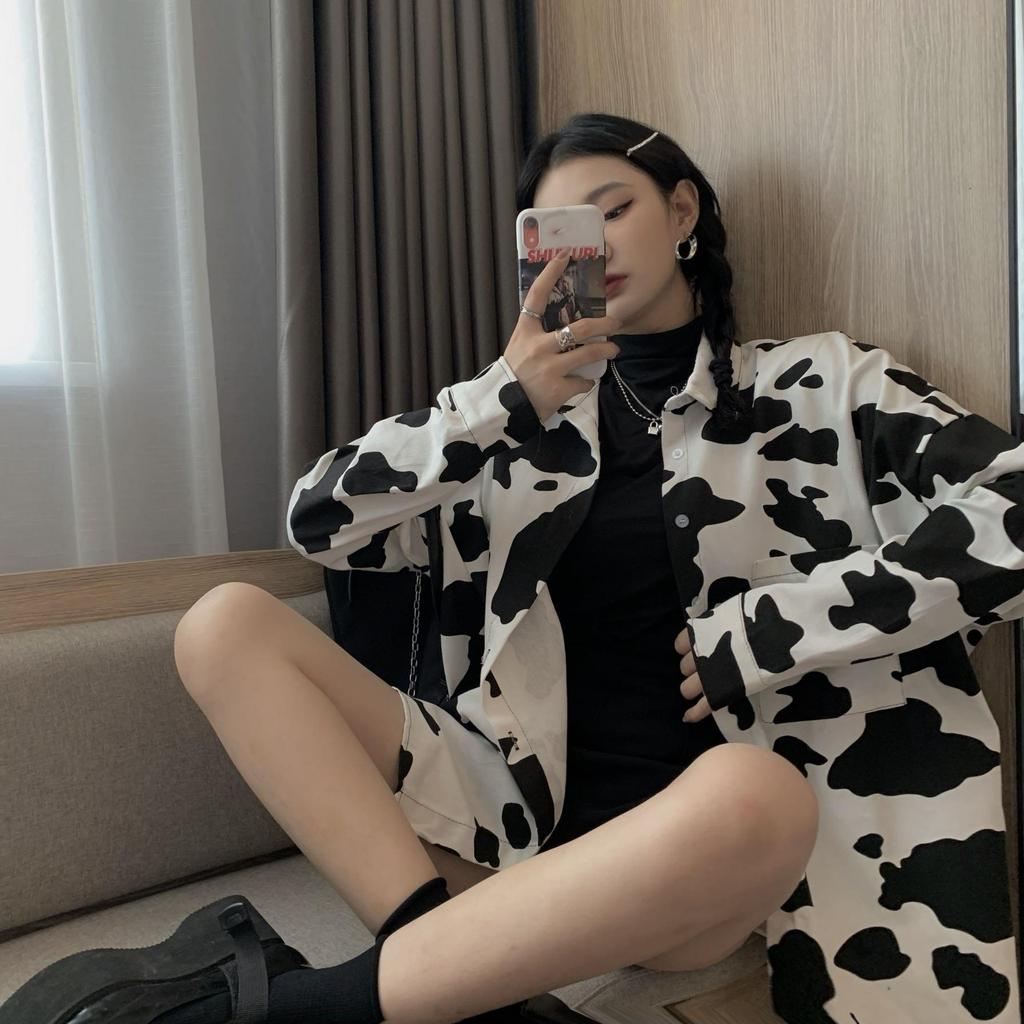 Большие размеры женские блузки с коровьим принтом Harajuku Colorblock Cartoon Button Up Shirt Свободные повседневные топы с длинным рукавом в винтажном стиле Streetwear