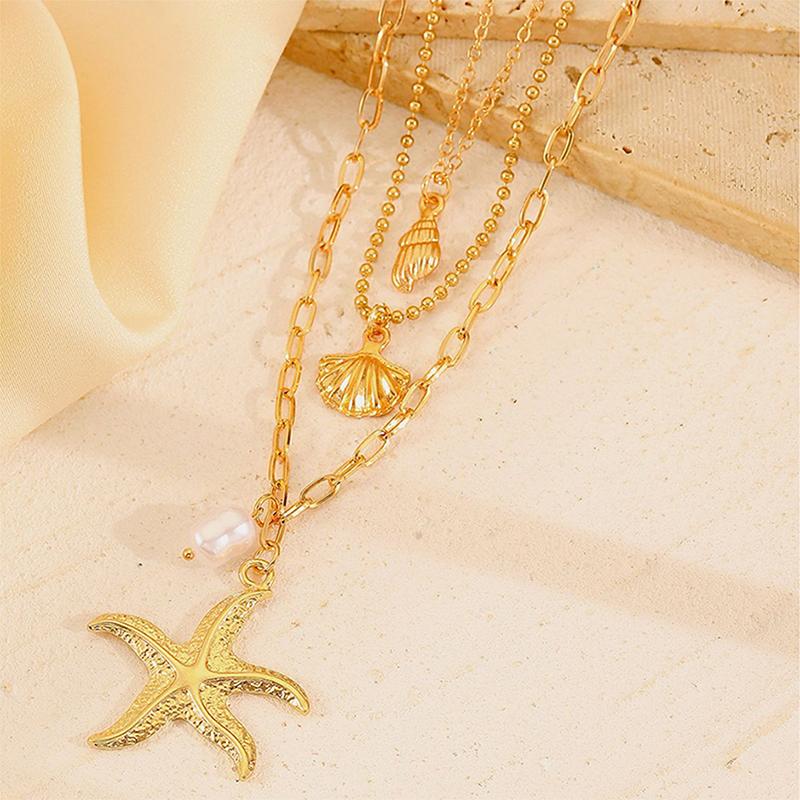 Нержавеющая сталь золотого цвета трехслойная морская звезда ракушки жемчужное ожерелье с подвеской для женщин девочек цепочка на шею ювелирные изделия