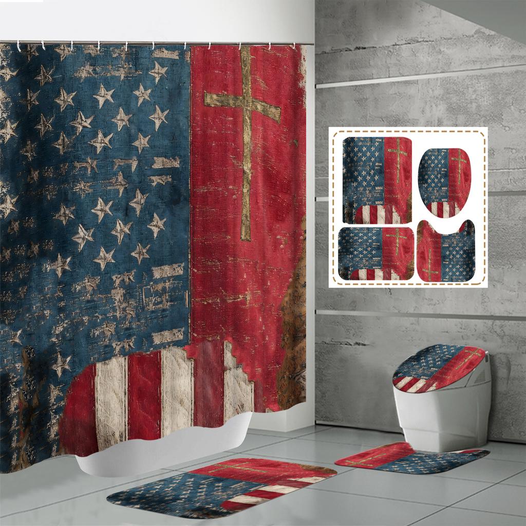 4PCS Shower Curtain Sets With Shower Curtain And Rugs Toilet Lid Rug U Shape Mat And Bath Mat Bathroom Set With 12 Hooks