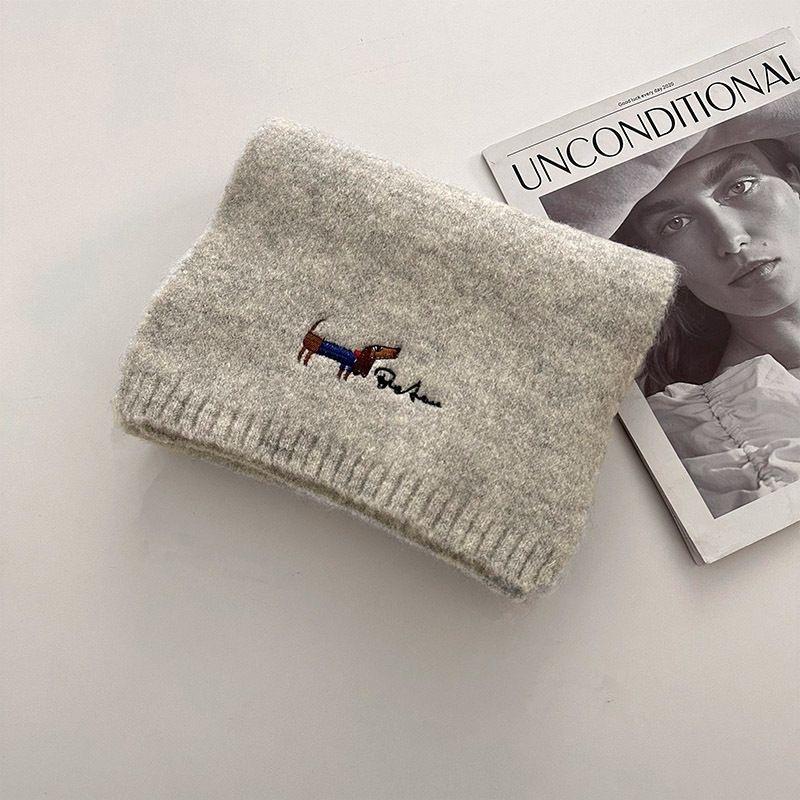 Korean Version with Wool Scarf for Women Winter New Versatile Solid Color Ins Scarf Beige Student Advanced Puppy Embroidery