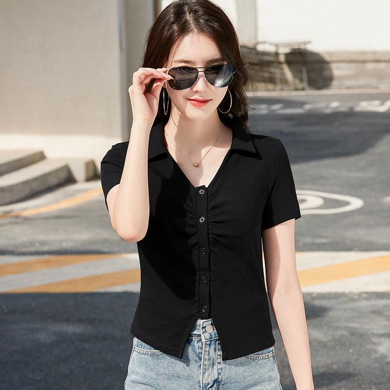Lapel Button Pleated Cardigan Sweet Casual High-end Short-sleeved Women's T-shirt Korean Style Slim Stretch Cotton Top