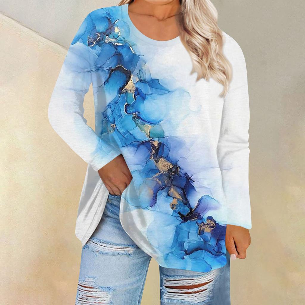 Женская свободная и удобная футболка с длинным рукавом и длинным рукавом с большим топом и принтом, повседневная