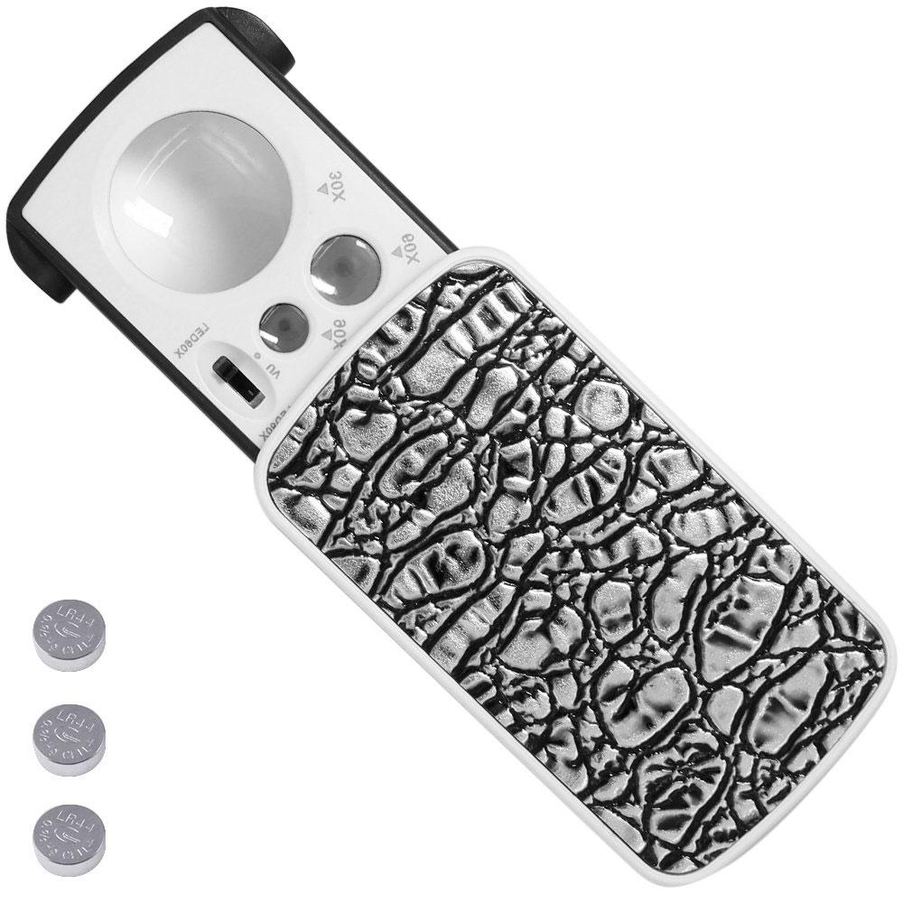 30X 60X 90X Карманная ювелирная лупа с УФ светодиодной подсветкой Выдвижная лупа Оптическая линза Лупа для бриллиантов Монет Марок