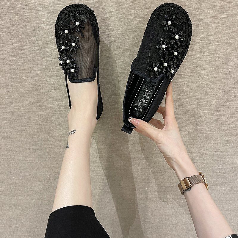 Y2k Fashion Summer Slip On Women's Mesh Breathable Shoes 2025 New In Light Casual Offer Flat Flowers Rhinestone Ladies Footwear