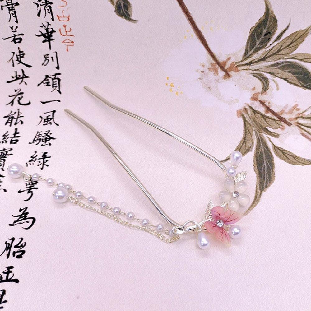 Fashion Metal Flower and ButterflyTassel Hair Stick Women Chinese Style U-shaped Hanfu Hairpin Headwear Jewelry Hair Accessories