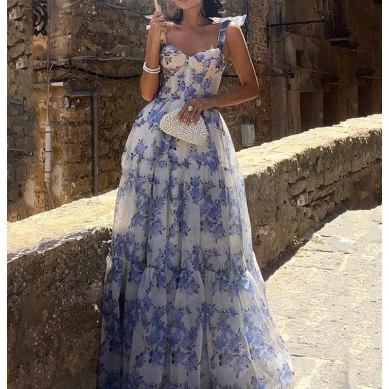 Женское французское модное свободное платье без рукавов с цветочным принтом, темпераментное кружевное пасторальное женское элегантное платье с высокой талией