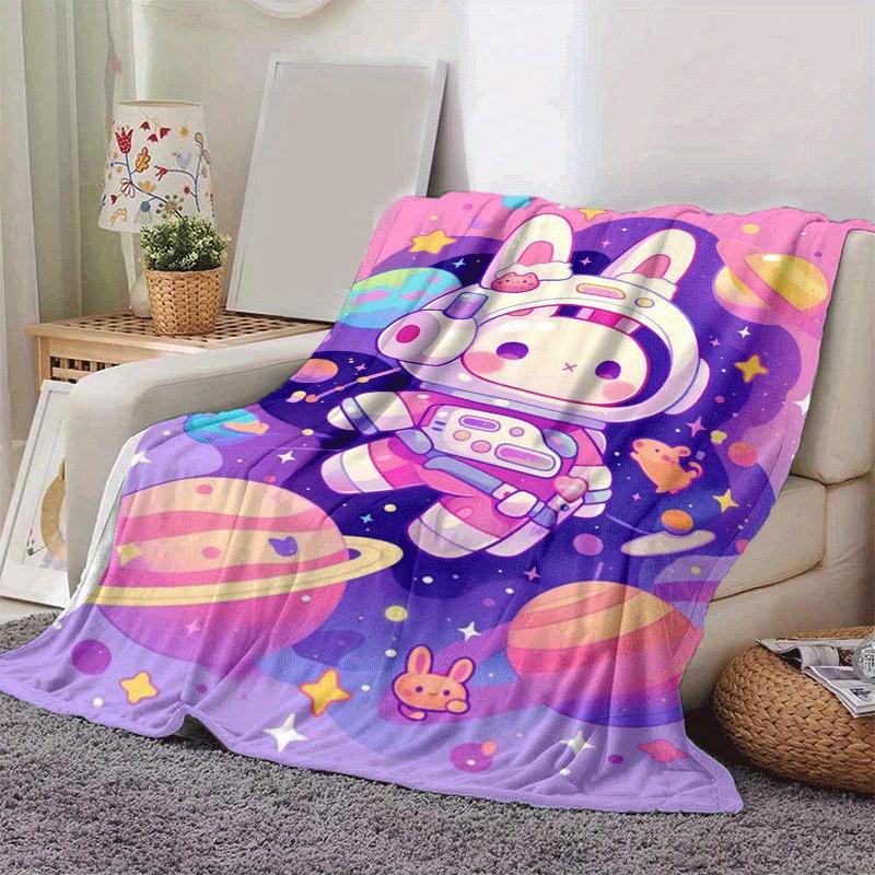 1pc Cute Rabbit Planet Printing Lightweight Flannel Blanket, Comfortable and Warm Blanket, for Camping Sofa Bed and Couch Office, Gift