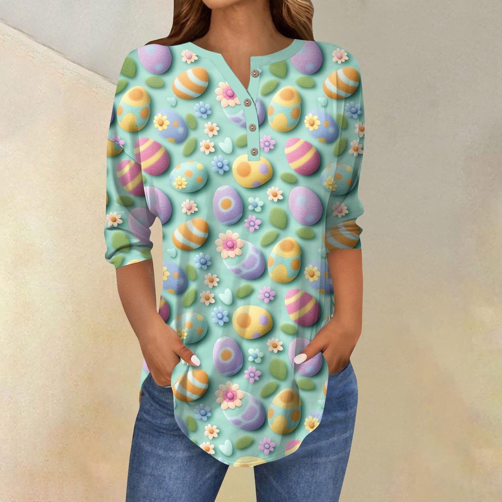 Women's 3/4 Sleeve Easter Egg Bunny Print Button Collar Fashion Casual Top