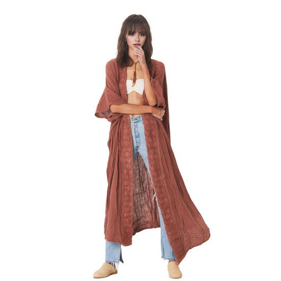 Lady Beach Cardigan Sunscreen Anti-UV Long Sleeves Lace Bohemian Style Bikini Cover-up Thin Calf Length Vacation Daily Leisure Style Coat