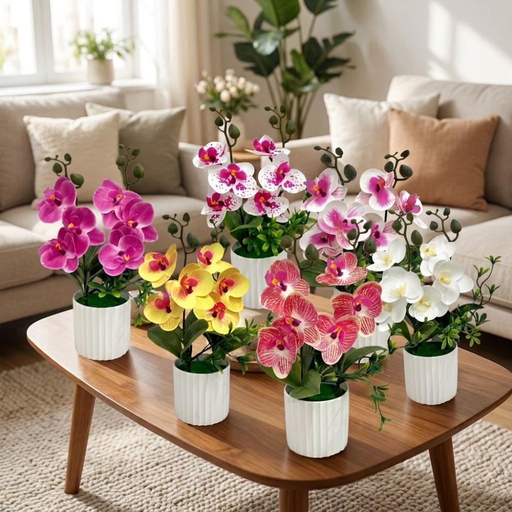 Multicolor Butterfly Orchid Artificial Flower 6 Blooms Faux Moth Orchid Potted Desktop Oranemnt