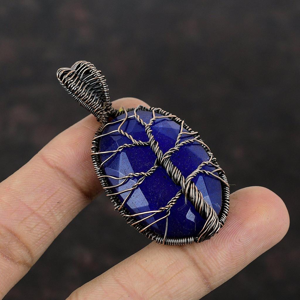 Древо жизни ограненный синий сапфир кулон медная проволока обернутый кулон ручной работы медная проволока обернутый ювелирный камень кулон для подарка