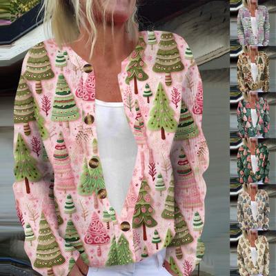 Женская мода с длинным рукавом, рождественский принт «елка-снежинка», куртка, кардиган
