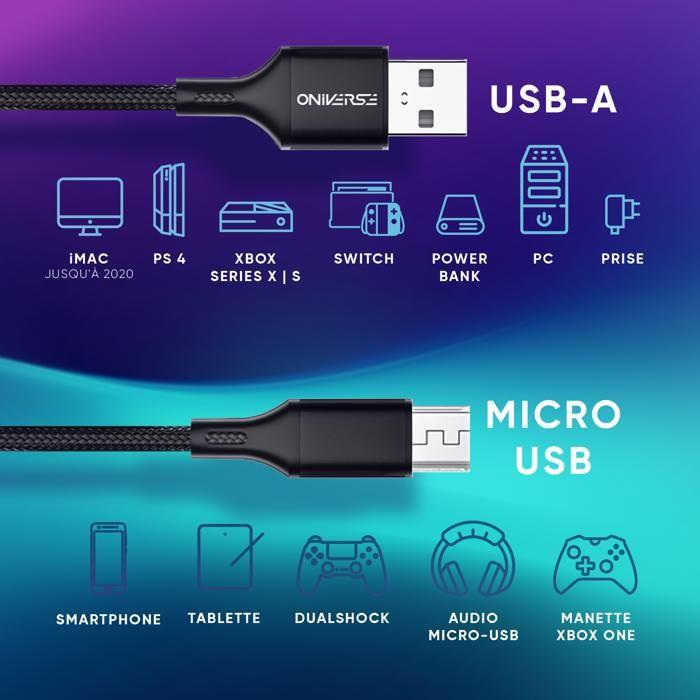 Câble USB - Oniverse - Micro USB - 3m - Charge Rapide 2.4A - Compatible PS4, Xbox One, Android, PC - Noir