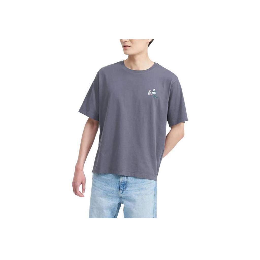 Uniqlo X Pop Mart Мультяшный Аниме Принт Футболка с Круглым Вырезом Унисекс Топы Темно-Серый 449367-08